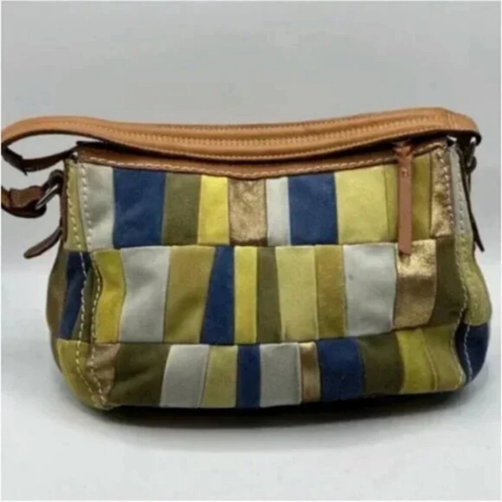 Fossil Boho Checkered Patchwork Leather Suede Met… - image 2